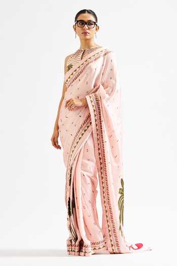 Buy_Issa Studio By Chetana & Swathi_Pink Georgette, Satin Keyhole Neck Minika Botanic Print Saree With Blouse _at_Aza_Fashions