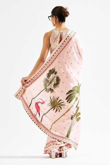 Shop_Issa Studio By Chetana & Swathi_Pink Georgette, Satin Keyhole Neck Minika Botanic Print Saree With Blouse _at_Aza_Fashions