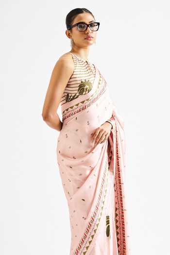 Issa Studio By Chetana & Swathi_Pink Georgette, Satin Keyhole Neck Minika Botanic Print Saree With Blouse _Online_at_Aza_Fashions