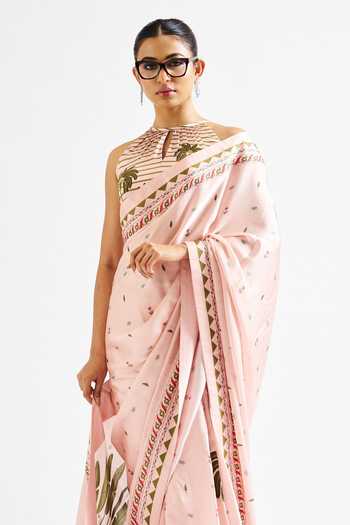 Buy_Issa Studio By Chetana & Swathi_Pink Georgette, Satin Keyhole Neck Minika Botanic Print Saree With Blouse _Online_at_Aza_Fashions