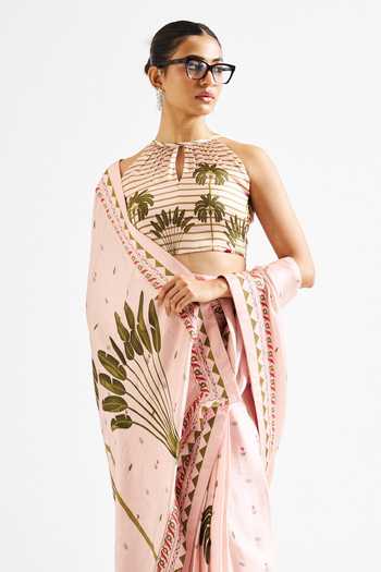 Shop_Issa Studio By Chetana & Swathi_Pink Georgette, Satin Keyhole Neck Minika Botanic Print Saree With Blouse _Online_at_Aza_Fashions