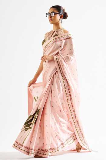 Issa Studio By Chetana & Swathi_Pink Georgette, Satin Keyhole Neck Minika Botanic Print Saree With Blouse _at_Aza_Fashions