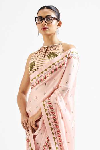 Buy_Issa Studio By Chetana & Swathi_Pink Georgette, Satin Keyhole Neck Minika Botanic Print Saree With Blouse 