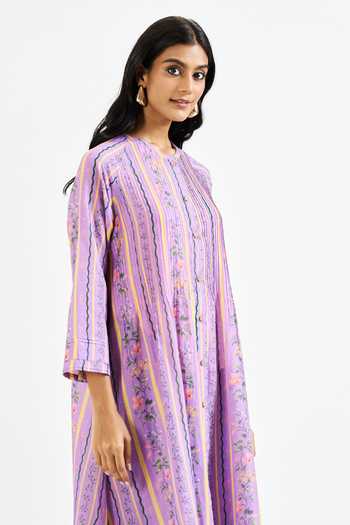 Issa Studio By Chetana & Swathi_Lavender Cotton, Muslin (mulmul) Mandarin Josie Printed Kurta And Pant Set _Online_at_Aza_Fashions