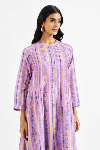 Buy_Issa Studio By Chetana & Swathi_Lavender Cotton, Muslin (mulmul) Mandarin Josie Printed Kurta And Pant Set _Online_at_Aza_Fashions