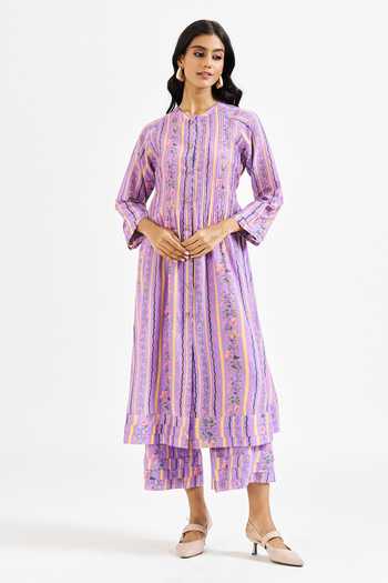 Buy_Issa Studio By Chetana & Swathi_Lavender Cotton, Muslin (mulmul) Mandarin Josie Printed Kurta And Pant Set _at_Aza_Fashions
