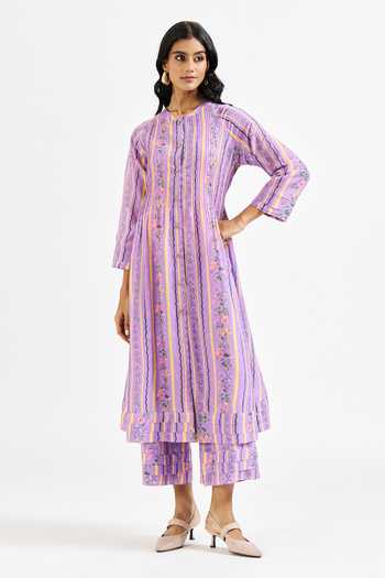 Shop_Issa Studio By Chetana & Swathi_Lavender Cotton, Muslin (mulmul) Mandarin Josie Printed Kurta And Pant Set _Online_at_Aza_Fashions