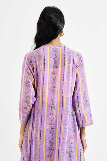 Issa Studio By Chetana & Swathi_Lavender Cotton, Muslin (mulmul) Mandarin Josie Printed Kurta And Pant Set _at_Aza_Fashions