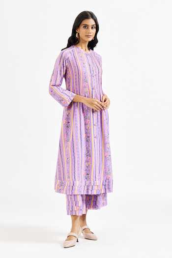 Buy_Issa Studio By Chetana & Swathi_Lavender Cotton, Muslin (mulmul) Mandarin Josie Printed Kurta And Pant Set 