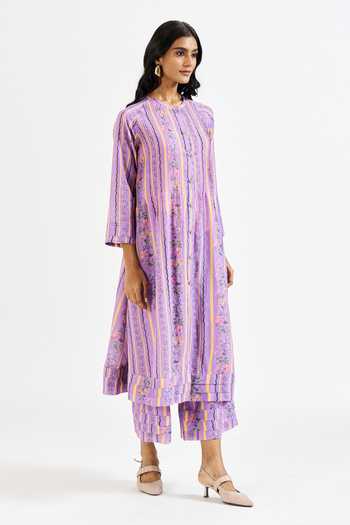 Shop_Issa Studio By Chetana & Swathi_Lavender Cotton, Muslin (mulmul) Mandarin Josie Printed Kurta And Pant Set 
