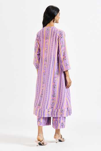 Shop_Issa Studio By Chetana & Swathi_Lavender Cotton, Muslin (mulmul) Mandarin Josie Printed Kurta And Pant Set _at_Aza_Fashions