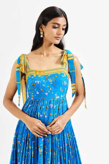 Shop_Issa Studio By Chetana & Swathi_Blue Cotton, Muslin (mulmul) Yuri Floral Print Anarkali And Checkered Pant Set _Online_at_Aza_Fashions