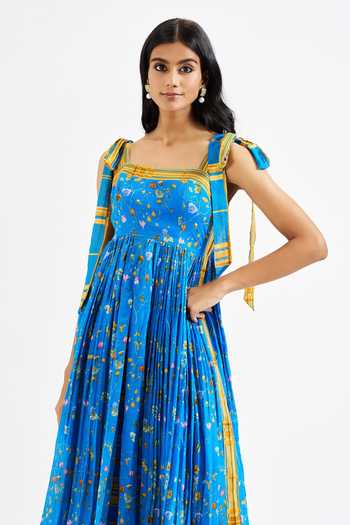 Issa Studio By Chetana & Swathi_Blue Cotton, Muslin (mulmul) Yuri Floral Print Anarkali And Checkered Pant Set _at_Aza_Fashions