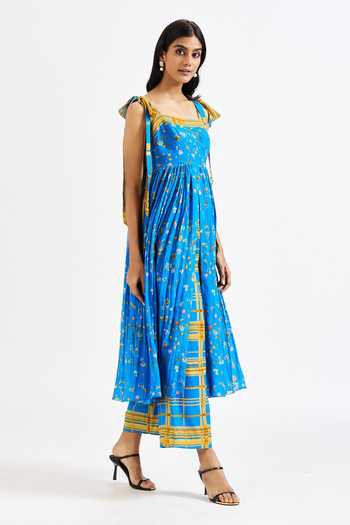 Buy_Issa Studio By Chetana & Swathi_Blue Cotton, Muslin (mulmul) Yuri Floral Print Anarkali And Checkered Pant Set 
