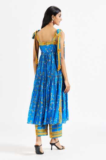 Shop_Issa Studio By Chetana & Swathi_Blue Cotton, Muslin (mulmul) Yuri Floral Print Anarkali And Checkered Pant Set _at_Aza_Fashions
