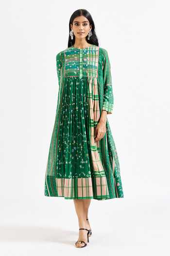 Buy_Issa Studio By Chetana & Swathi_Green Cotton, Muslin (mulmul) Round Kiara Floral And Checkered Print Flared Dress _at_Aza_Fashions