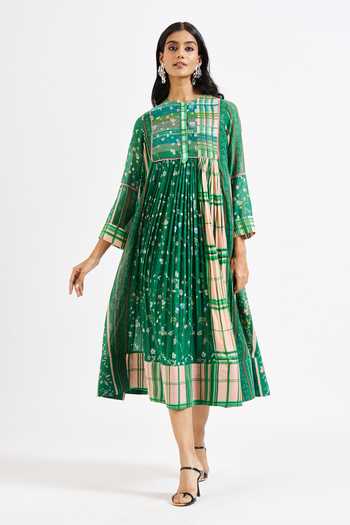 Buy_Issa Studio By Chetana & Swathi_Green Cotton, Muslin (mulmul) Round Kiara Floral And Checkered Print Flared Dress _Online_at_Aza_Fashions