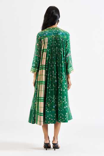 Shop_Issa Studio By Chetana & Swathi_Green Cotton, Muslin (mulmul) Round Kiara Floral And Checkered Print Flared Dress _at_Aza_Fashions