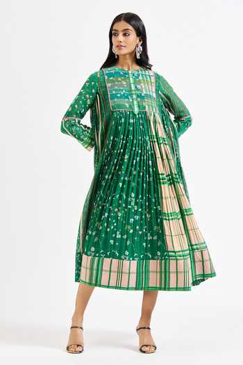 Shop_Issa Studio By Chetana & Swathi_Green Cotton, Muslin (mulmul) Round Kiara Floral And Checkered Print Flared Dress _Online_at_Aza_Fashions