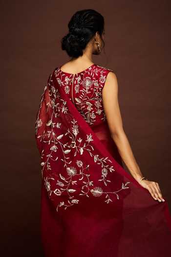 Issa Studio By Chetana & Swathi_Maroon Silk Organza Split V-neck Shula Embroidered Saree With Blouse _Online_at_Aza_Fashions
