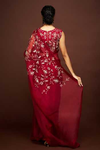 Shop_Issa Studio By Chetana & Swathi_Maroon Silk Organza Split V-neck Shula Embroidered Saree With Blouse _at_Aza_Fashions