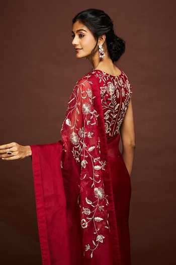 Issa Studio By Chetana & Swathi_Maroon Silk Organza Split V-neck Shula Embroidered Saree With Blouse _at_Aza_Fashions