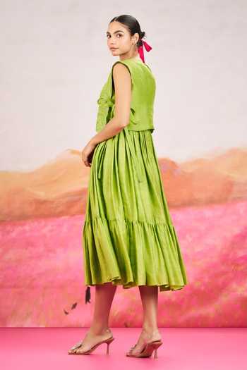 Shop_Issa Studio By Chetana & Swathi_Green Silk Organza Round Neck Rina Dress With Short Embroidered Cape _at_Aza_Fashions