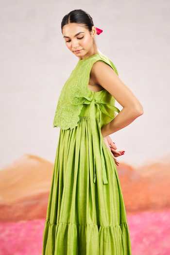 Issa Studio By Chetana & Swathi_Green Silk Organza Round Neck Rina Dress With Short Embroidered Cape _Online_at_Aza_Fashions