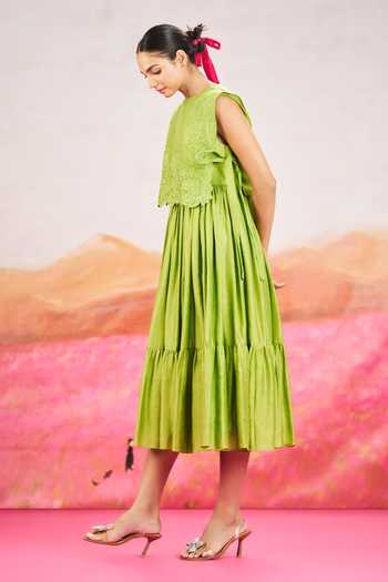 Buy_Issa Studio By Chetana & Swathi_Green Silk Organza Round Neck Rina Dress With Short Embroidered Cape _Online_at_Aza_Fashions