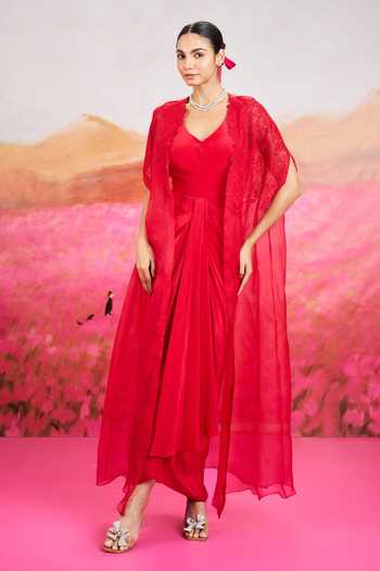 Buy_Issa Studio By Chetana & Swathi_Red Silk, Organza, Crepe V-neck Ayla Draped Dress With Long Cape _at_Aza_Fashions