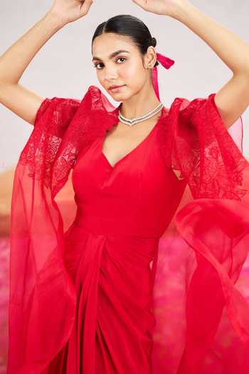 Issa Studio By Chetana & Swathi_Red Silk, Organza, Crepe V-neck Ayla Draped Dress With Long Cape _Online_at_Aza_Fashions