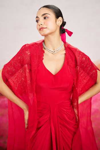Buy_Issa Studio By Chetana & Swathi_Red Silk, Organza, Crepe V-neck Ayla Draped Dress With Long Cape _Online_at_Aza_Fashions