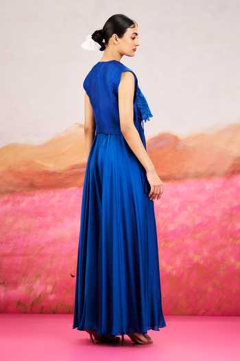 Shop_Issa Studio By Chetana & Swathi_Blue Organza, Satin Luna Jumpsuit With Embroidered Cape _at_Aza_Fashions