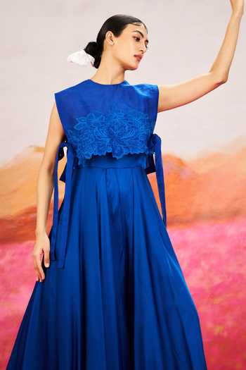 Issa Studio By Chetana & Swathi_Blue Organza, Satin Luna Jumpsuit With Embroidered Cape _Online_at_Aza_Fashions