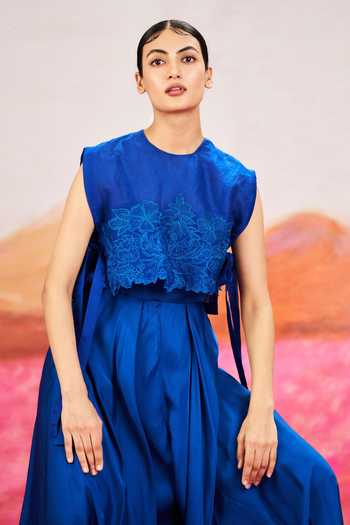 Buy_Issa Studio By Chetana & Swathi_Blue Organza, Satin Luna Jumpsuit With Embroidered Cape _Online_at_Aza_Fashions