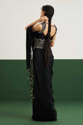 Shop_Issa Studio By Chetana & Swathi_Black Organza, Crepe Embroidery, Zari Haily Pre-draped Saree Set With Corset _at_Aza_Fashions