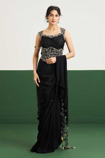 Buy_Issa Studio By Chetana & Swathi_Black Organza, Crepe Embroidery, Zari Haily Pre-draped Saree Set With Corset _at_Aza_Fashions