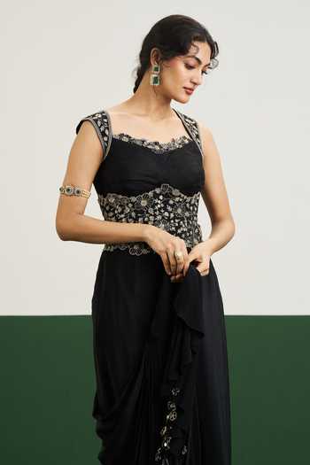 Issa Studio By Chetana & Swathi_Black Organza, Crepe Embroidery, Zari Haily Pre-draped Saree Set With Corset _Online_at_Aza_Fashions