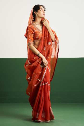 Issa Studio By Chetana & Swathi_Orange Silk, Organza V-neck Amber Floral Embroidered Saree With Blouse _Online_at_Aza_Fashions