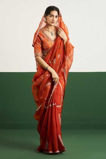 Shop_Issa Studio By Chetana & Swathi_Orange Silk, Organza V-neck Amber Floral Embroidered Saree With Blouse _at_Aza_Fashions