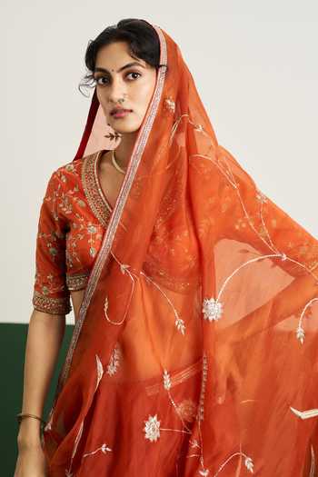 Shop_Issa Studio By Chetana & Swathi_Orange Silk, Organza V-neck Amber Floral Embroidered Saree With Blouse _Online_at_Aza_Fashions