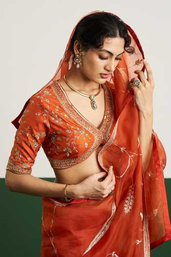 Issa Studio By Chetana & Swathi_Orange Silk, Organza V-neck Amber Floral Embroidered Saree With Blouse _at_Aza_Fashions