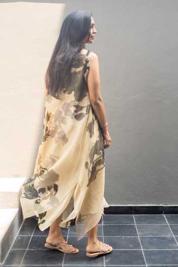 Shop_Issa Studio By Chetana & Swathi_Beige Organza, Crepe Round Neck Lumi Floral Print Dress Set _at_Aza_Fashions