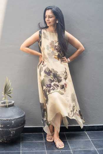 Issa Studio By Chetana & Swathi_Beige Organza, Crepe Round Neck Lumi Floral Print Dress Set _Online_at_Aza_Fashions
