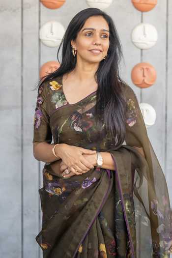 Shop_Issa Studio By Chetana & Swathi_Olive Green Organza, Crepe V-neck Tula Floral Print Saree With Blouse _at_Aza_Fashions