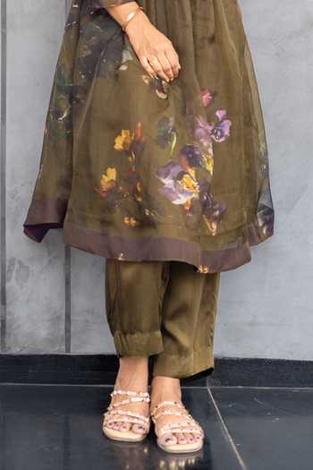 Issa Studio By Chetana & Swathi_Olive Green Organza Mandarin Collar, Luna Floral Print Pleated Kurta And Pant Set _Online_at_Aza_Fashions
