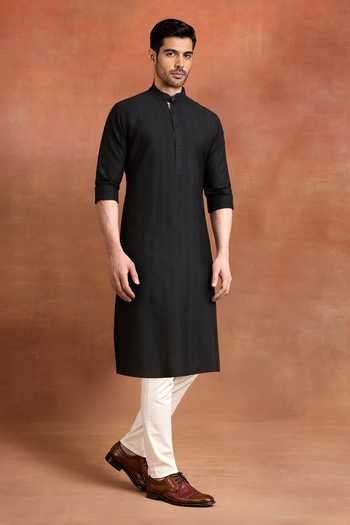 Shop_Raghavendra Rathore Jodhpur_Black Cotton Midnight Stitch Silk Kurta _at_Aza_Fashions