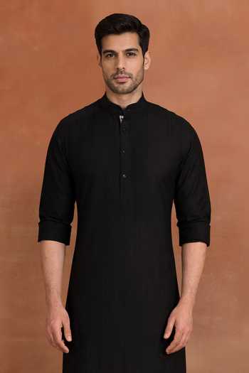 Raghavendra Rathore Jodhpur_Black Cotton Midnight Stitch Silk Kurta _Online_at_Aza_Fashions