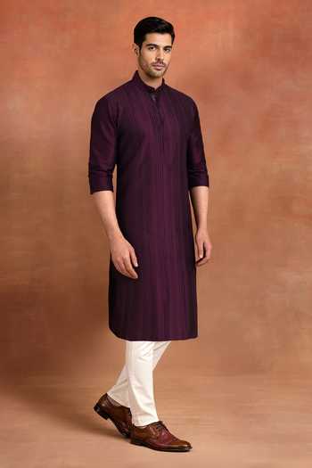 Raghavendra Rathore Jodhpur_Wine Dupion Pintuck Straight Kurta _Online_at_Aza_Fashions