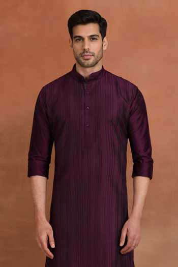 Buy_Raghavendra Rathore Jodhpur_Wine Dupion Pintuck Straight Kurta _Online_at_Aza_Fashions